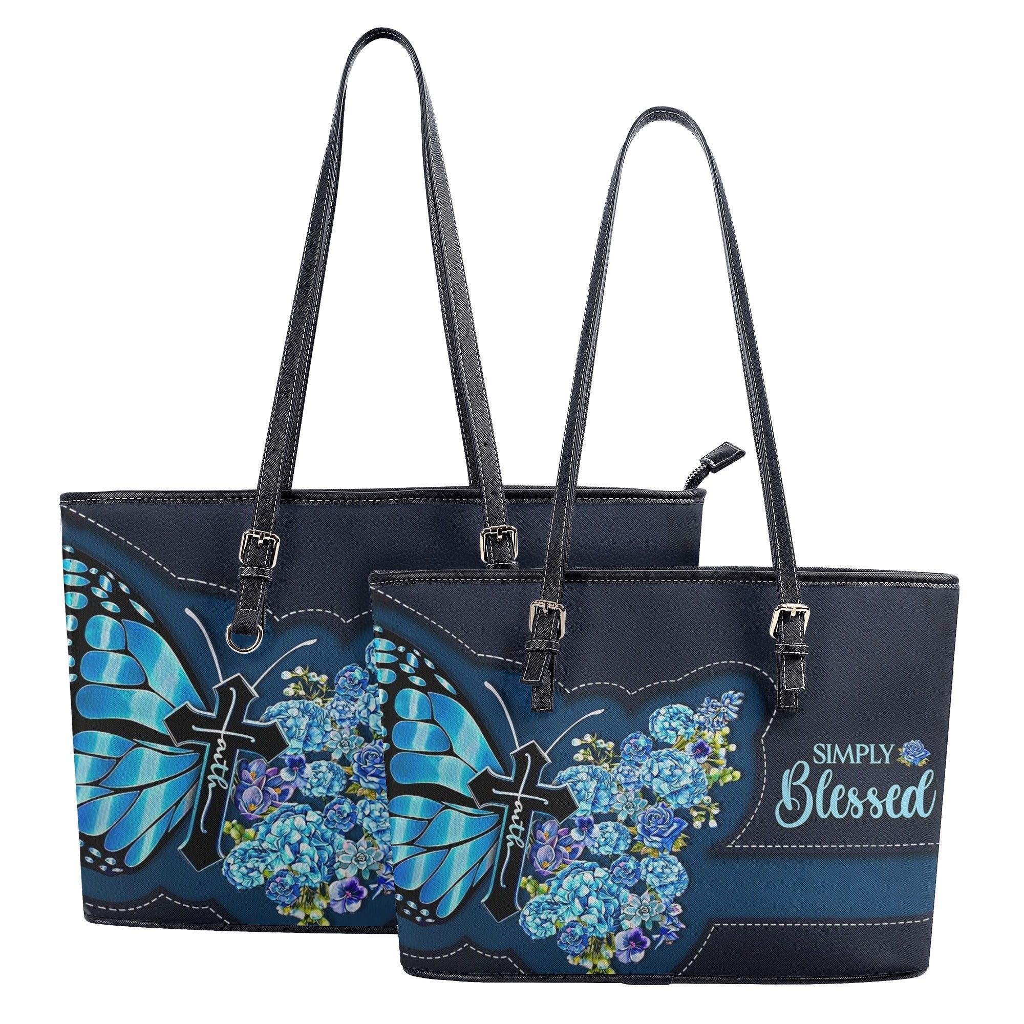 Simply Blessed Blue Butterfly Flower Leather Bag, Custom Name Bags, Jesus christian Bags. BLAF02